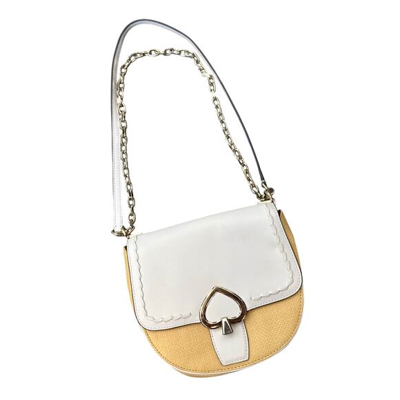 KATE SPADE Robyn Medium Chain Saddle Bag White Dove Leather Straw Nightcap - Picture 2 of 13